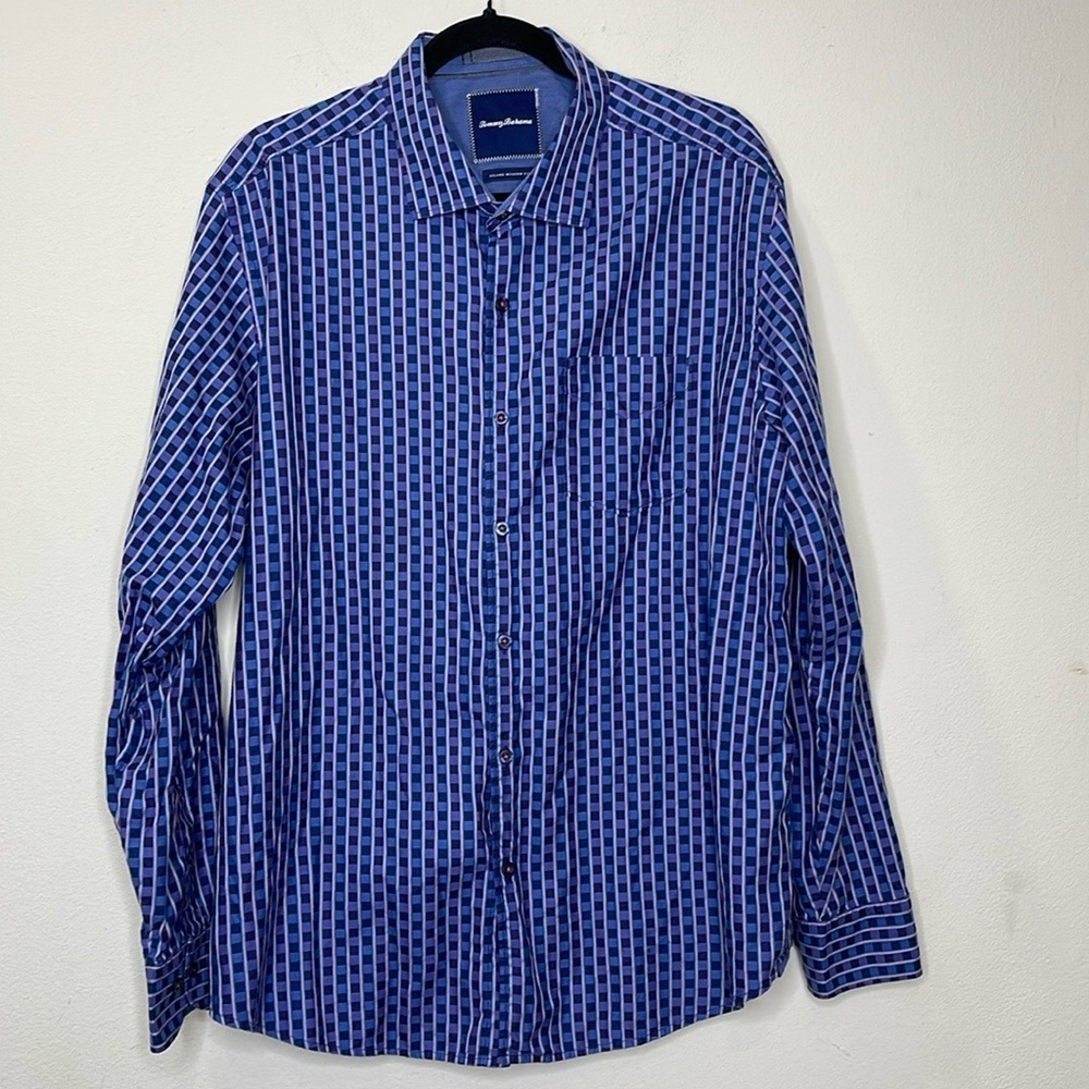 Tommy Bahama Evening Blue Checkered Button Up Dress Shirt Mens XL Island Modern